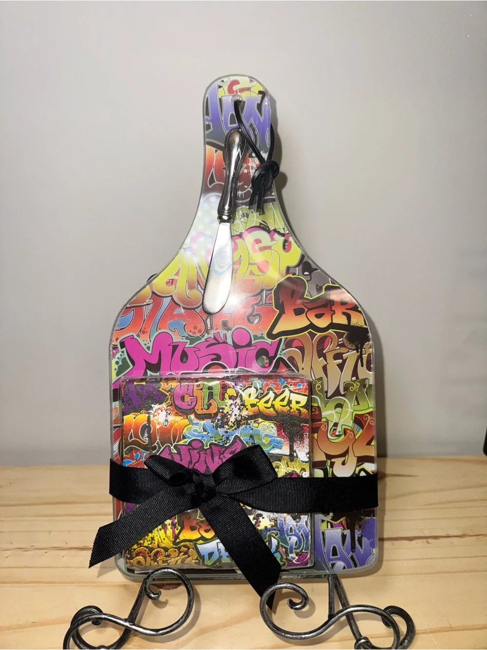 Graffiti-Print Cheese Serving Board Set with Knife and Napkins